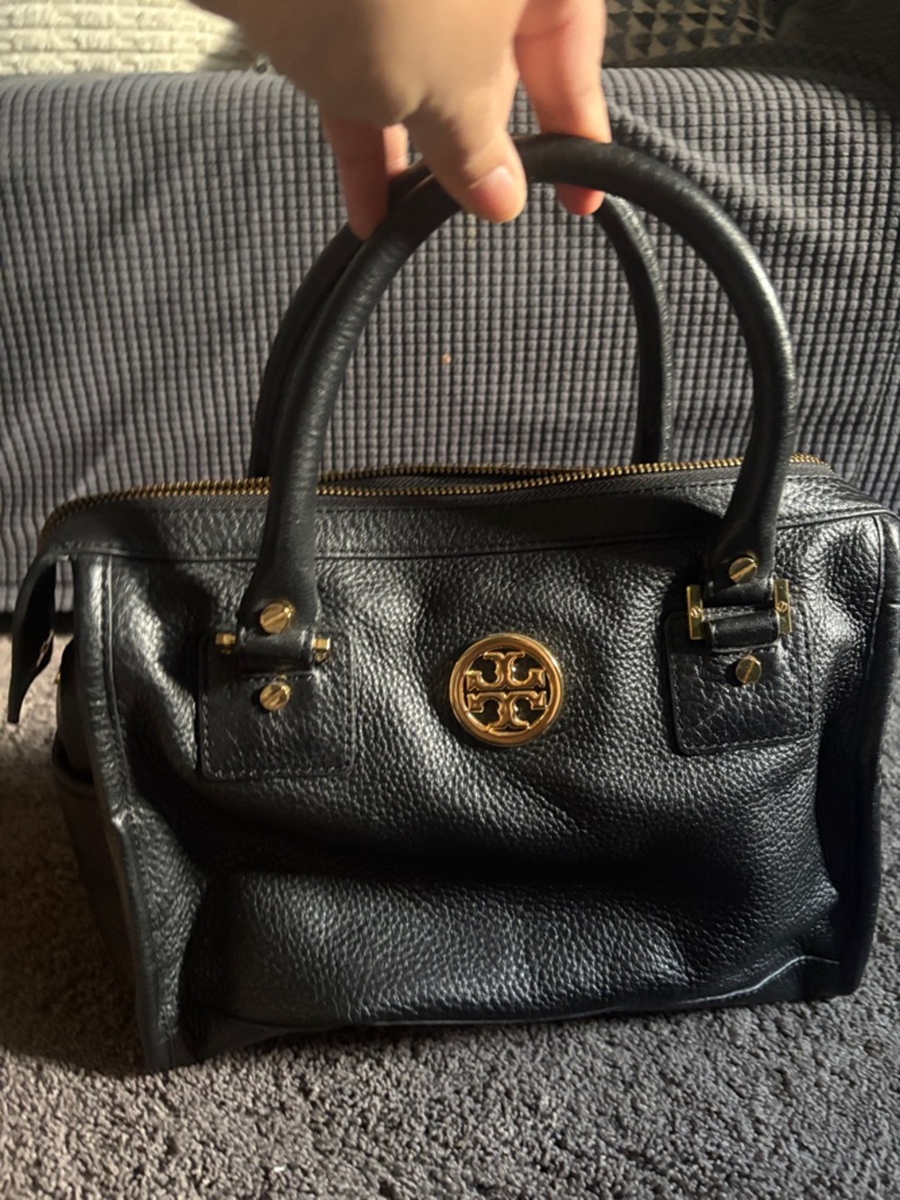 Tory Burch Black Leather Satchel with Gold Medallion